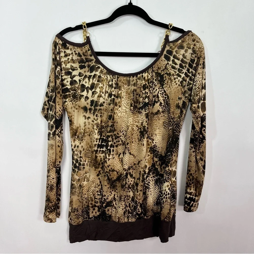 Brown Animal Print Cold Off Shoulder Blouse with Gold toned chain neck Sz Large
